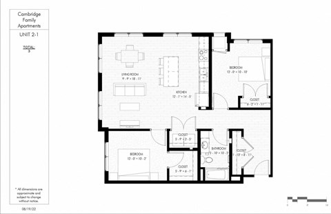 Floor plan for 2 beds, 1 bath, 985 sqft